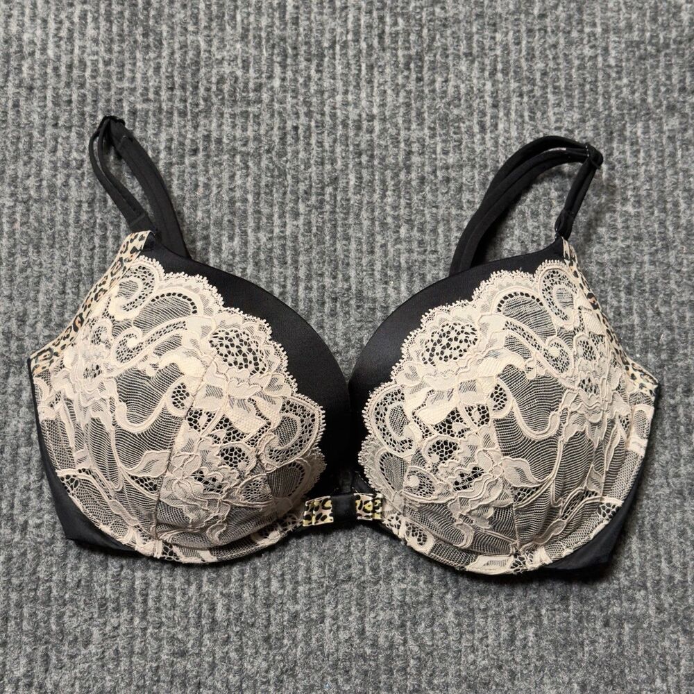 Victoria’s Secret Size 32DD Very Sexy Push-Pp Pigeonnant Bra Black Nude Lace